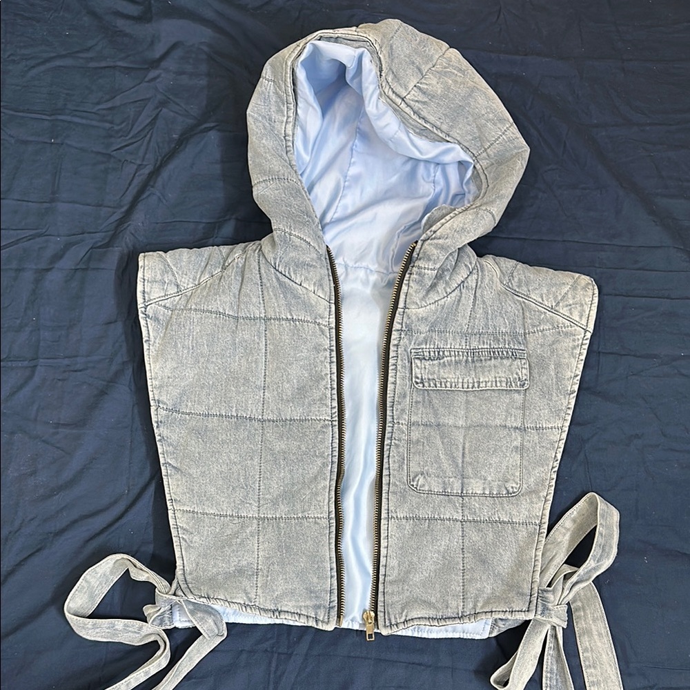 Gray Jean Jacket with Quilted Design and Hood